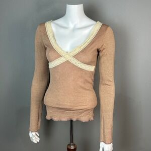 Y2K Lace Whimsigoth Top Michael Stars Long Sleeve OS Bronze Babydoll Metallic